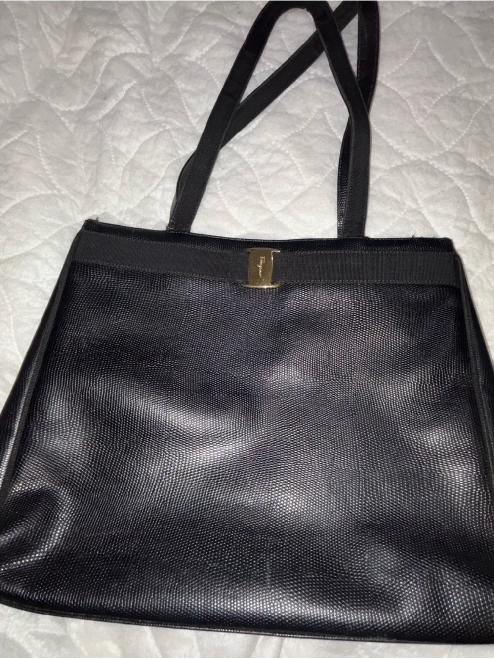 Salvatore Ferragamo Black Lizard-Embossed Tote Shoulder Bag - Imperfect👀 - Picture 4 of 16